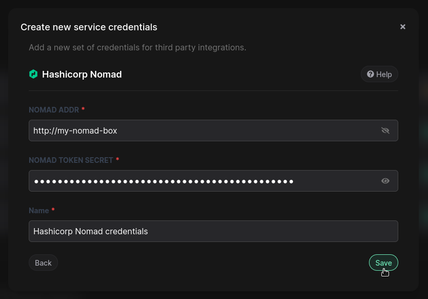 input nomad credentials